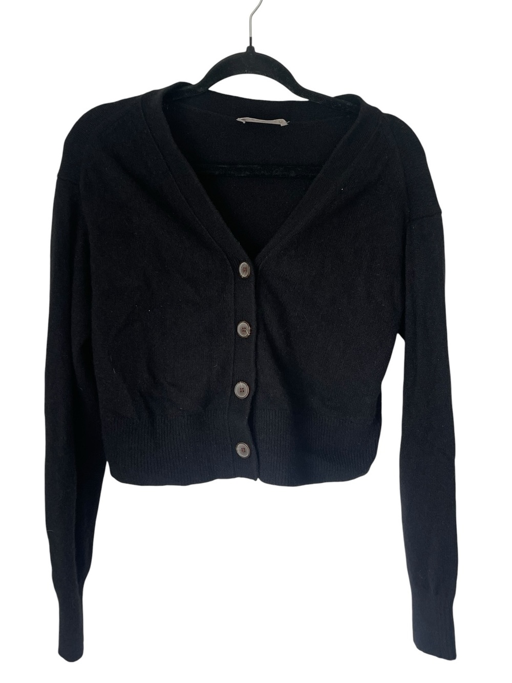 Everlane Cashmere Black V-Neck Cropped Button-Front Cardigan